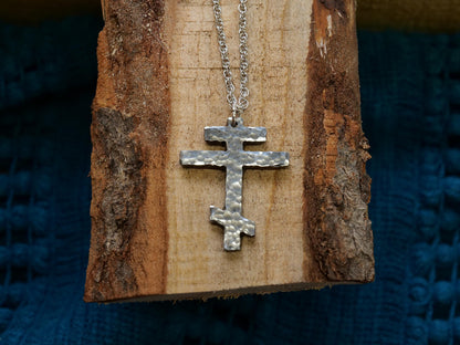 Forged Tri Bar Steel Cross Necklace * Hammered Orthodox Cross Pendant * Christian Gift for Men or Women * Forged Three Bar Cross Necklace