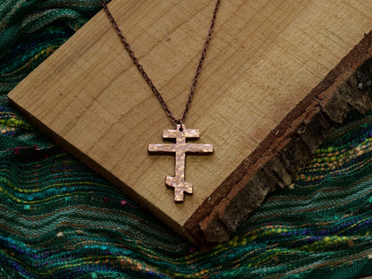 Forged Tri Bar Copper Cross Necklace * Hammered Orthodox Cross Pendant * Christian Gift for Men or Women * Forged Three Bar Cross Necklace