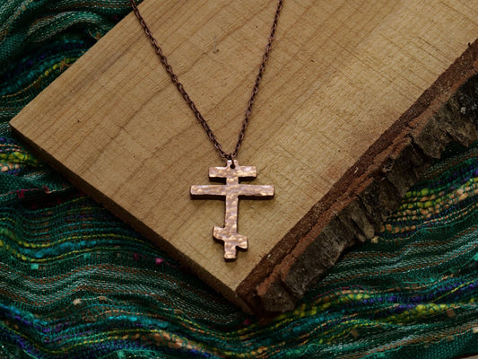 Forged Tri Bar Copper Cross Necklace * Hammered Orthodox Cross Pendant * Christian Gift for Men or Women * Forged Three Bar Cross Necklace
