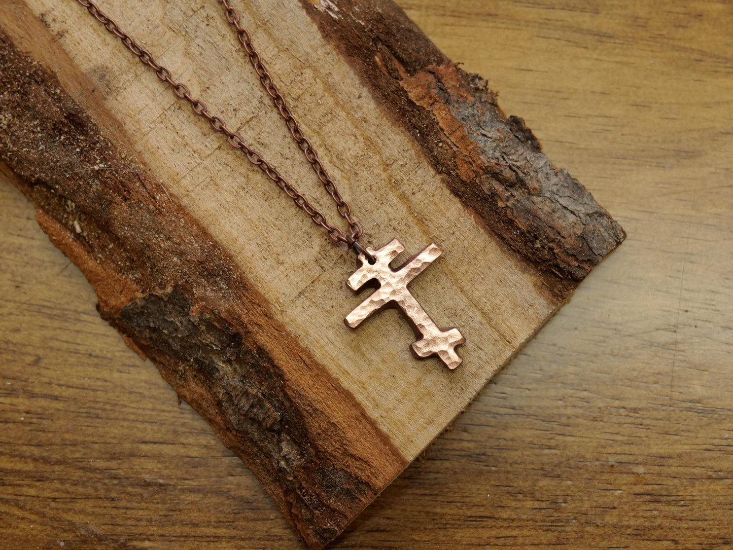 Forged Small Tri Bar Copper Cross Necklace * Hammered Orthodox Cross Pendant * Christian Gift for Men or Women * Forged Three Bar Cross