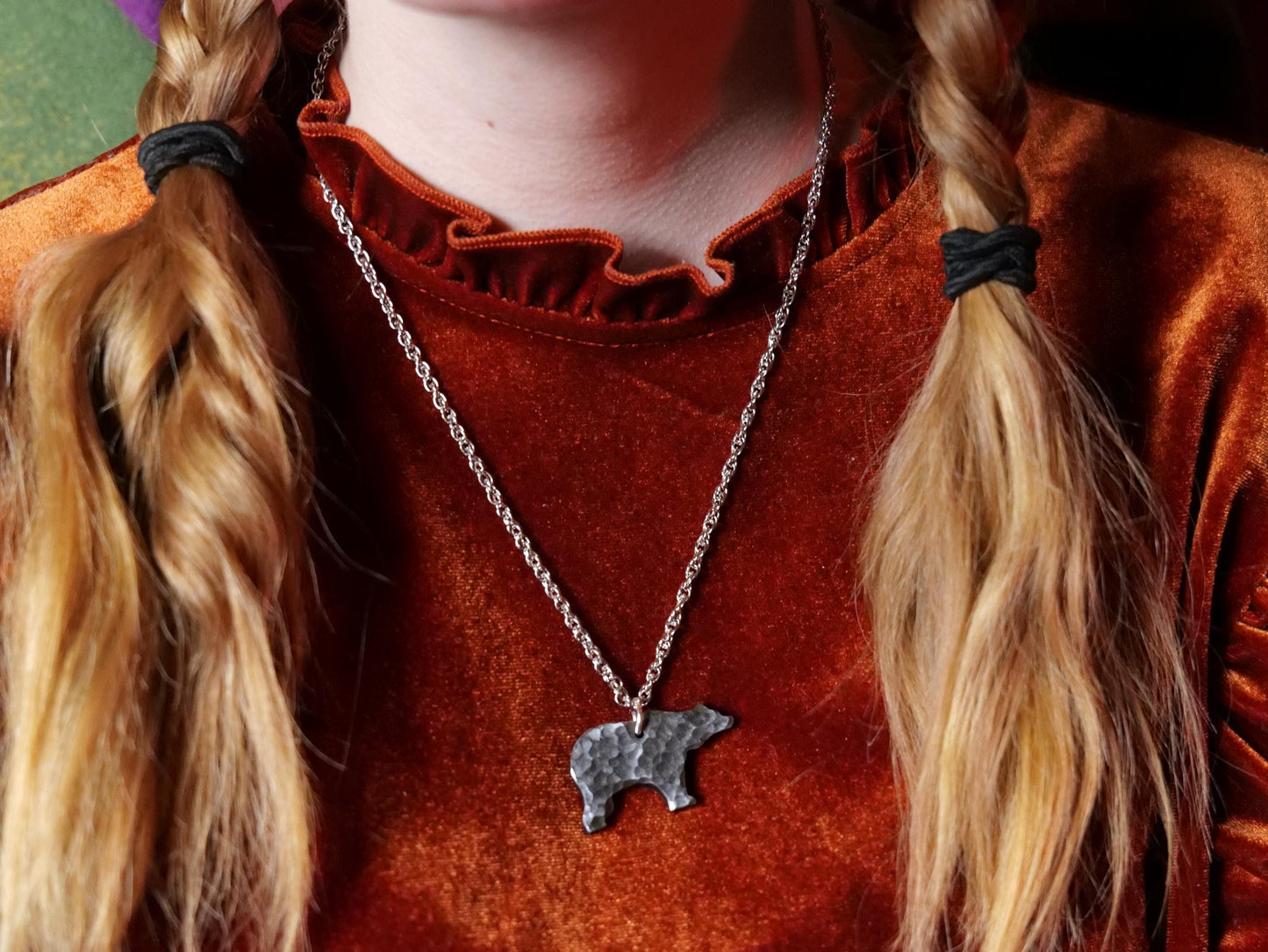 Steel Bear Necklace * Wildlife Pendant * Nature Jewelry for Men or for Women *Hammered Bear Necklace Gifts for Him or Her