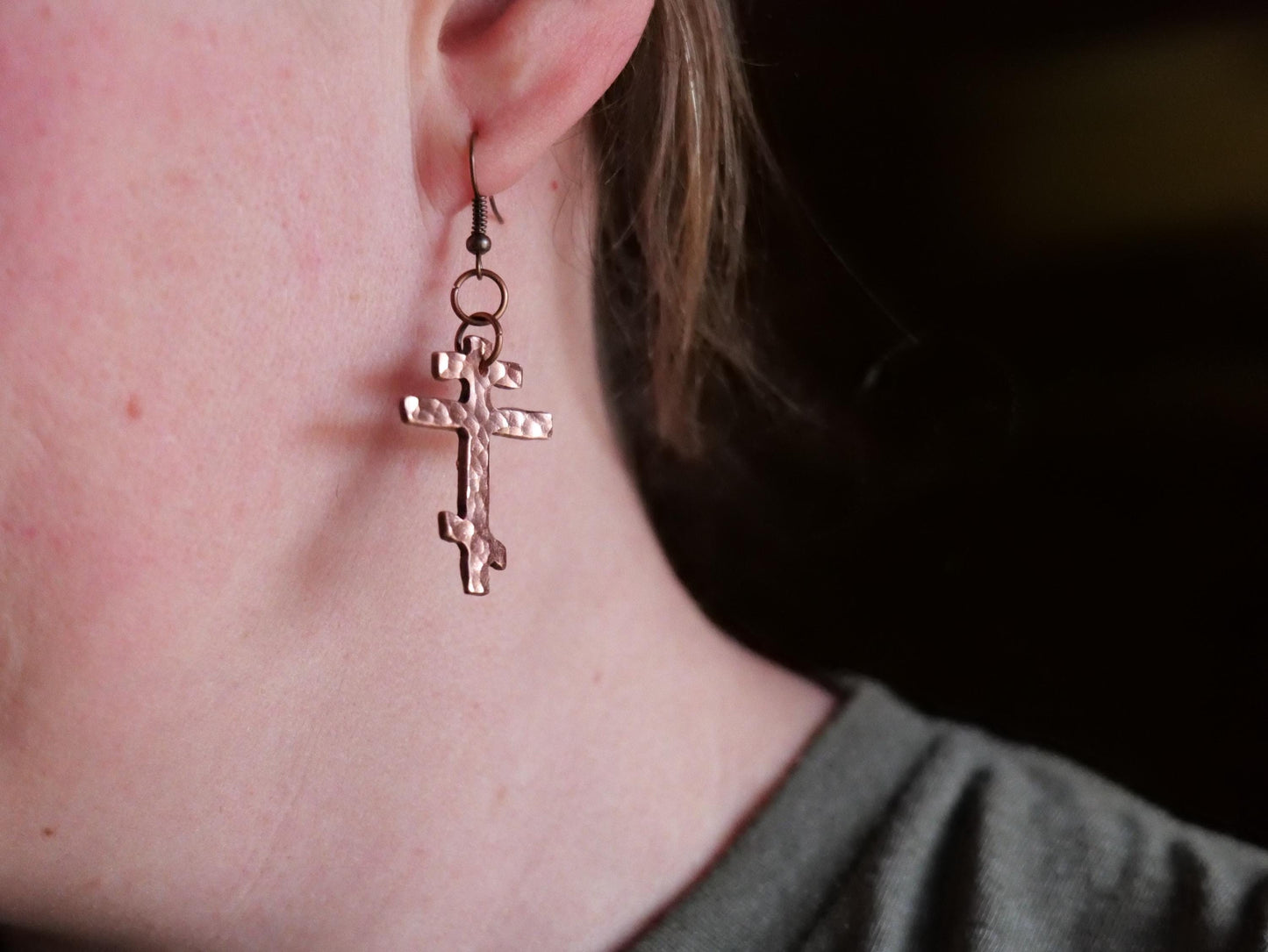 Forged Small Tri Bar Copper Cross Earrings * Hammered Orthodox Cross Earrings * Christian Gift for Women * Forged Three Bar Cross