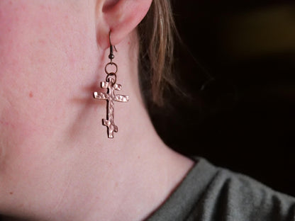 Forged Small Tri Bar Copper Cross Earrings * Hammered Orthodox Cross Earrings * Christian Gift for Women * Forged Three Bar Cross