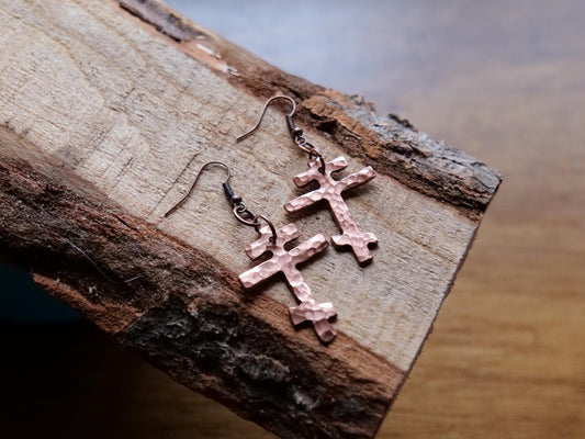 Forged Small Tri Bar Copper Cross Earrings * Hammered Orthodox Cross Earrings * Christian Gift for Women * Forged Three Bar Cross