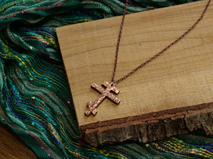 Forged Tri Bar Copper Cross Necklace * Hammered Orthodox Cross Pendant * Christian Gift for Men or Women * Forged Three Bar Cross Necklace