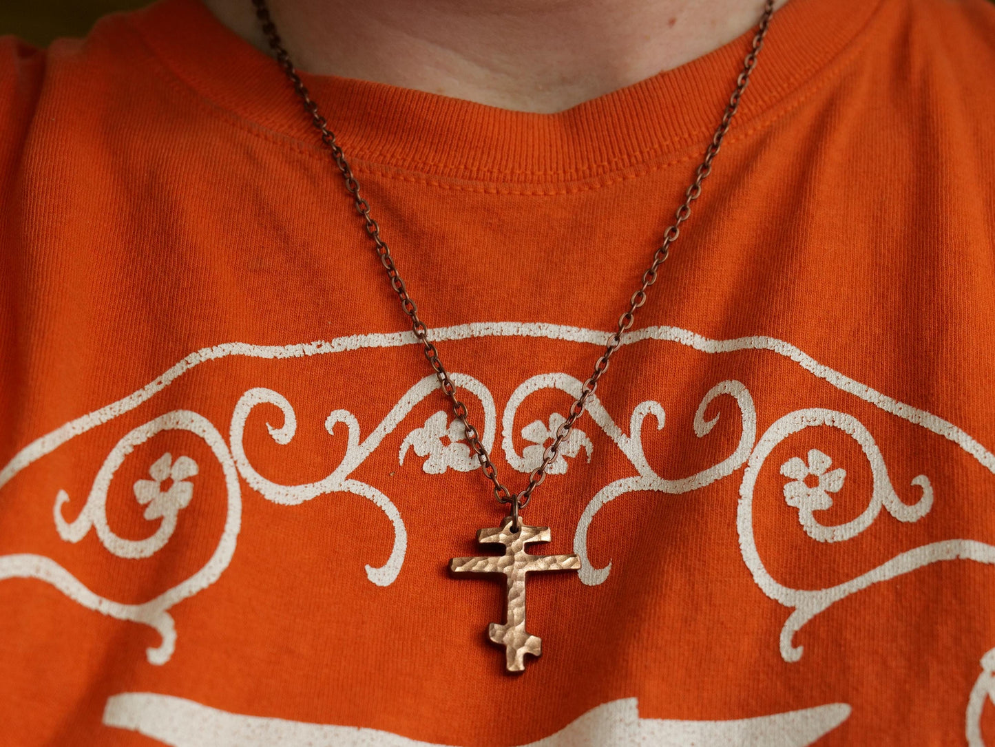 Forged Small Tri Bar Copper Cross Necklace * Hammered Orthodox Cross Pendant * Christian Gift for Men or Women * Forged Three Bar Cross