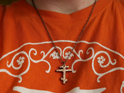 Forged Small Tri Bar Copper Cross Necklace * Hammered Orthodox Cross Pendant * Christian Gift for Men or Women * Forged Three Bar Cross