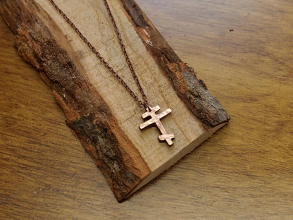 Forged Small Tri Bar Copper Cross Necklace * Hammered Orthodox Cross Pendant * Christian Gift for Men or Women * Forged Three Bar Cross