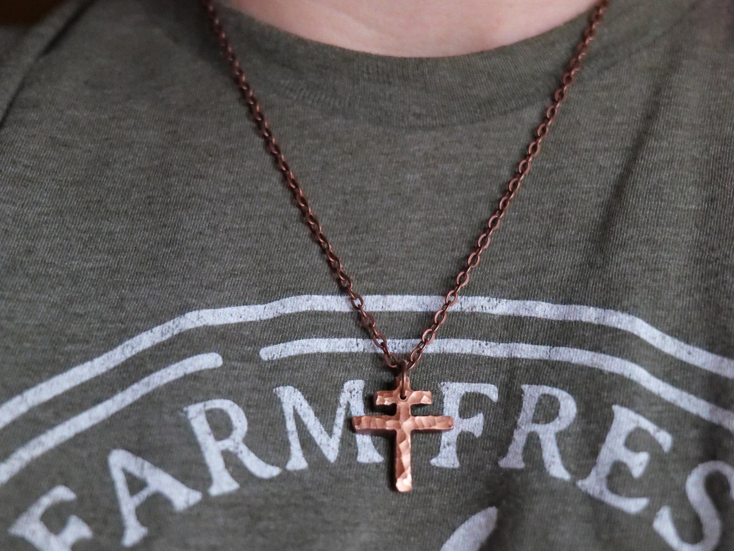 Tiny Forged Copper Patriarchal Cross Necklace * Cross of Lorraine Necklace * Gift for Men or Women * Double Cross Necklace * Slovak Cross