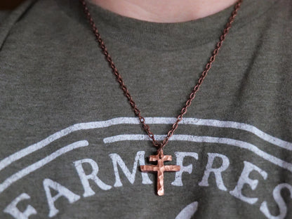 Tiny Forged Copper Patriarchal Cross Necklace * Cross of Lorraine Necklace * Gift for Men or Women * Double Cross Necklace * Slovak Cross