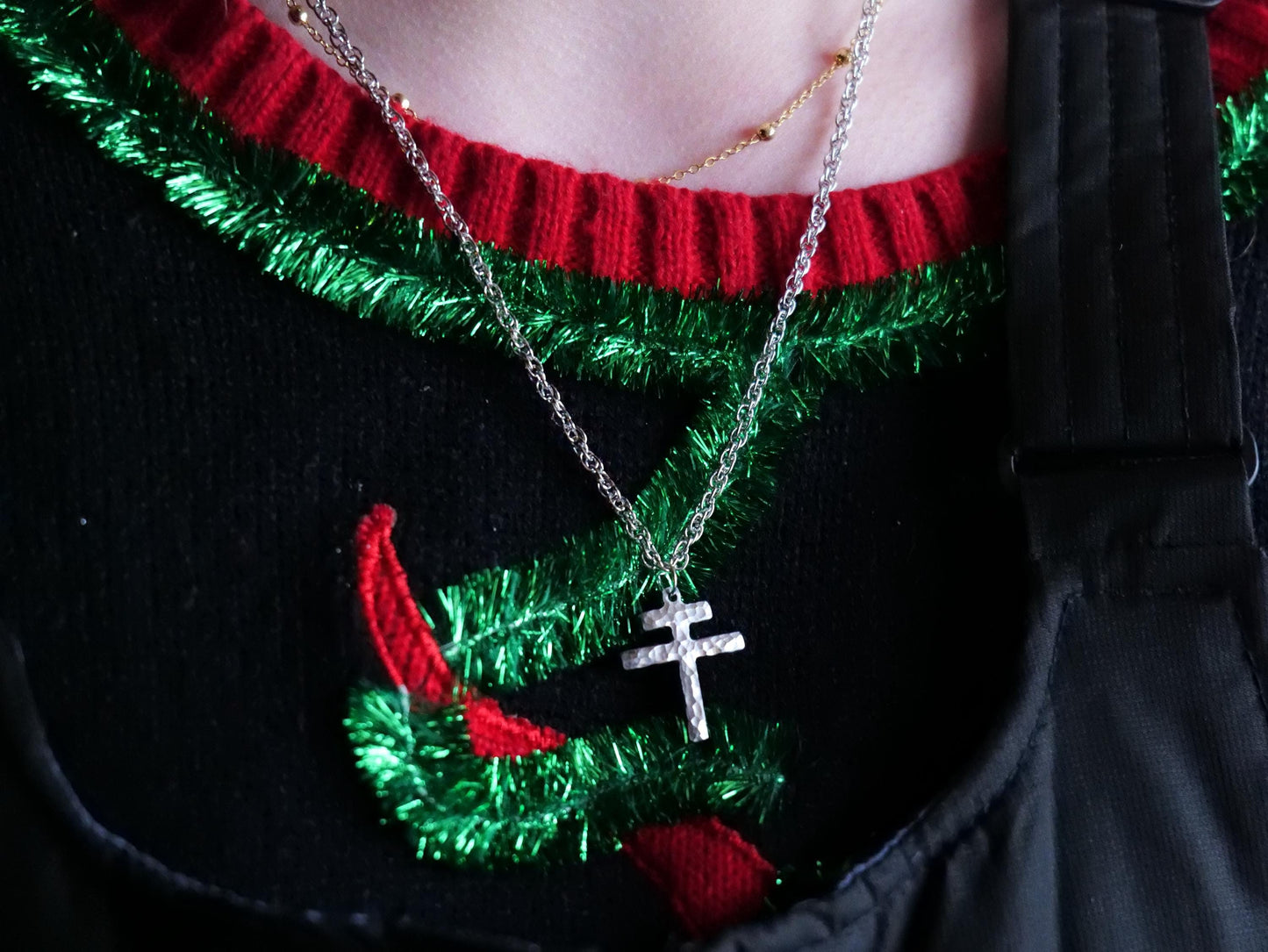 Tiny Forged Steel Patriarchal Cross Necklace * Cross of Lorraine Necklace * Gift for Men or Women * Double Cross Necklace * Slovak Cross