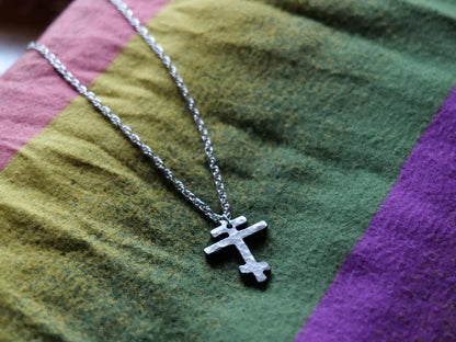 Forged Small Tri Bar Steel Cross Necklace * Hammered Orthodox Cross Pendant * Christian Gift for Men or Women * Forged Three Bar Cross