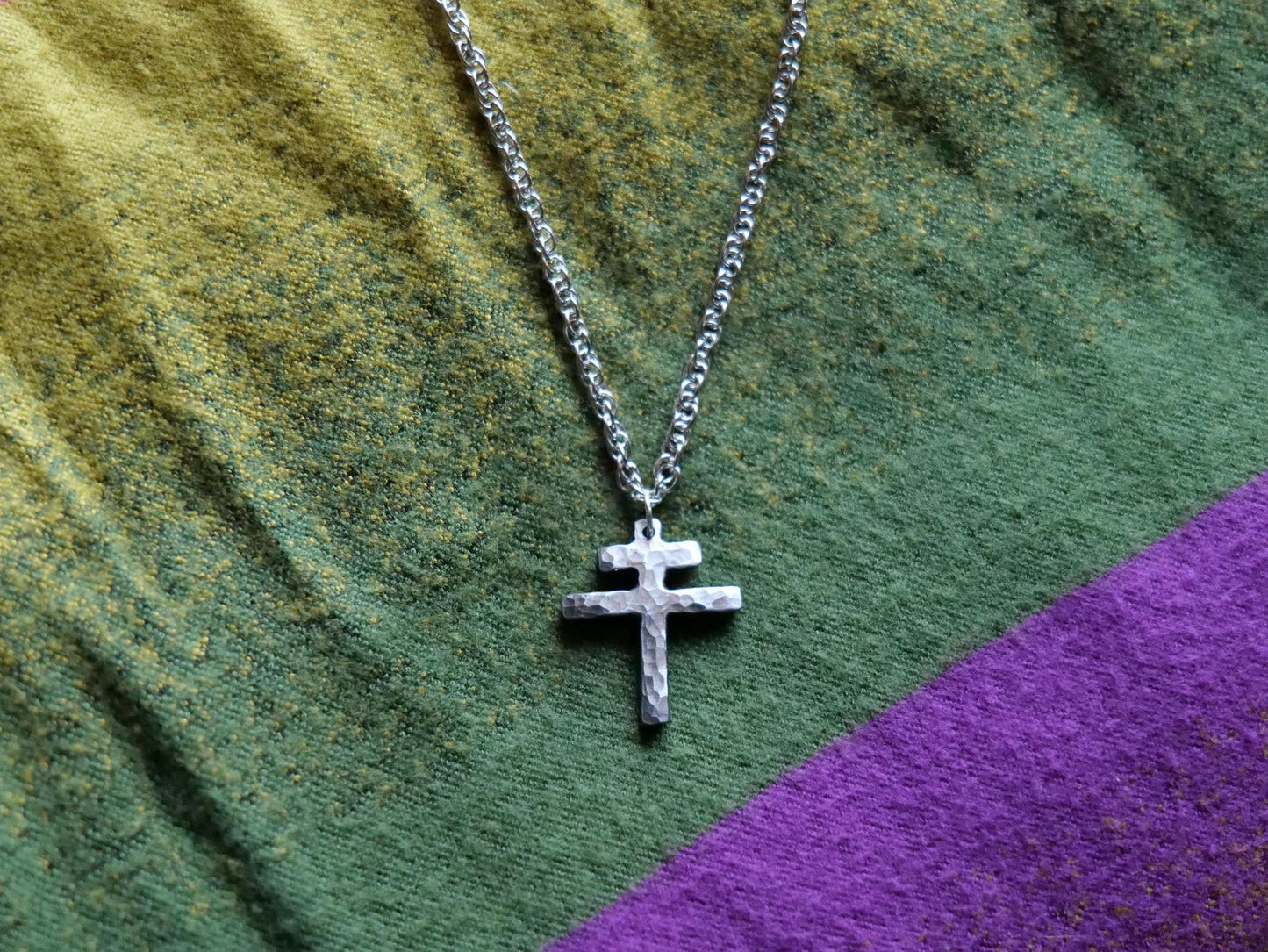 Tiny Forged Steel Patriarchal Cross Necklace * Cross of Lorraine Necklace * Gift for Men or Women * Double Cross Necklace * Slovak Cross