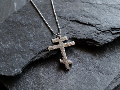 Large Tri Bar Stainless Steel Cross Necklace * Hammered Orthodox Cross Pendant * Christian Gift for Men or Women * Forged Three Bar Cross