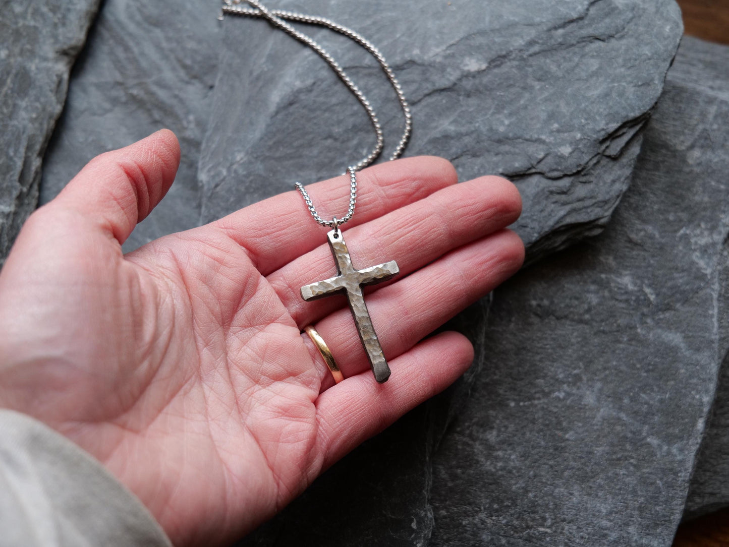 Hand Forged Stainless Steel Cross * Hammered Cross Pendant * Christian Gift Men or Women * Forged Cross Necklace * Handmade Skinny Necklace