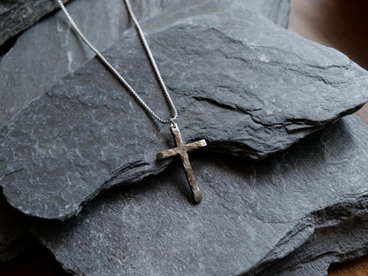 Hand Forged Stainless Steel Cross * Hammered Cross Pendant * Christian Gift Men or Women * Forged Cross Necklace * Handmade Skinny Necklace