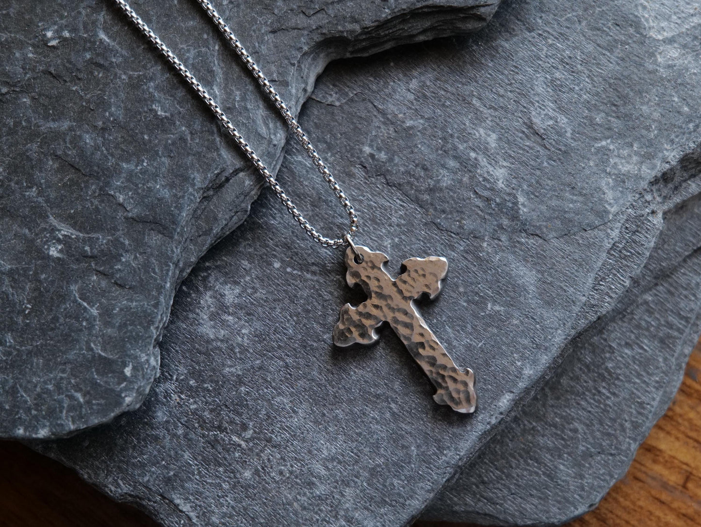 Forged Fleur De Lis Cross Necklace * Hand Forged Stainless Steel Cross * Hammered Cross Pendant * Christian Gift for Men or Women Jewelry