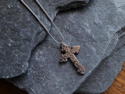 Forged Fleur De Lis Cross Necklace * Hand Forged Stainless Steel Cross * Hammered Cross Pendant * Christian Gift for Men or Women Jewelry