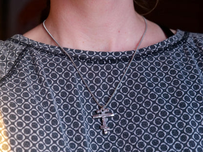Forged Small Tri Bar Stainless Steel Cross Necklace * Hammered Orthodox Cross Pendant * Christian Gift for Men or Women * Three Bar Cross
