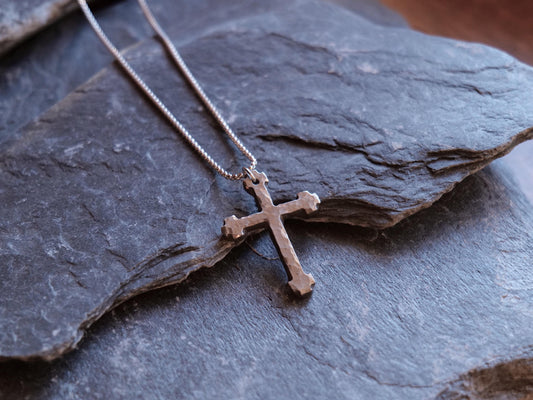 Hand Forged Stainless Steel Cross * Hammered Cross Pendant * Christian Gift for Men or Women * Forged Cross Necklace * Blocky Steel Necklace