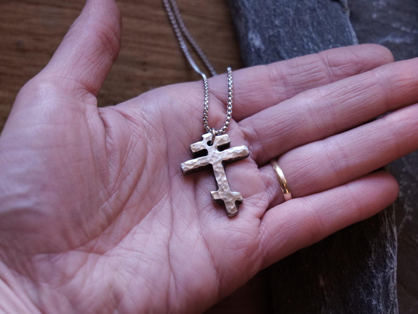 Forged Small Tri Bar Stainless Steel Cross Necklace * Hammered Orthodox Cross Pendant * Christian Gift for Men or Women * Three Bar Cross