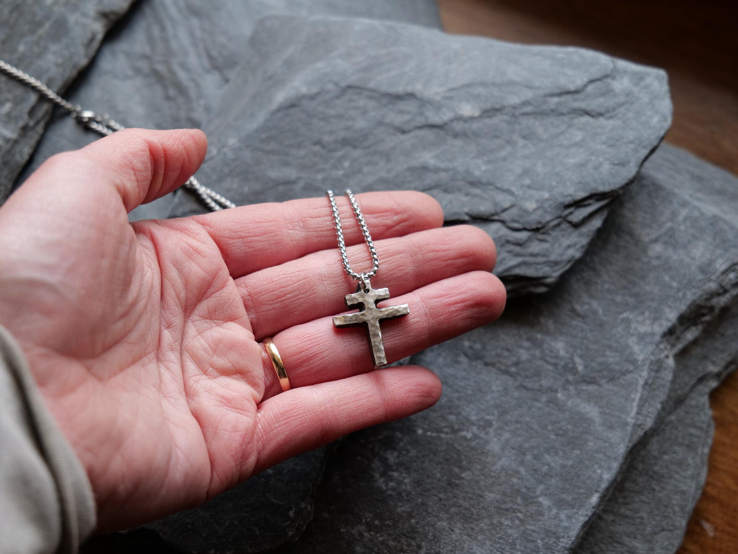 Tiny Forged Stainless Steel Patriarchal Cross Necklace * Cross of Lorraine Necklace * Gift for Men or Women * Double Cross Necklace * Slovak
