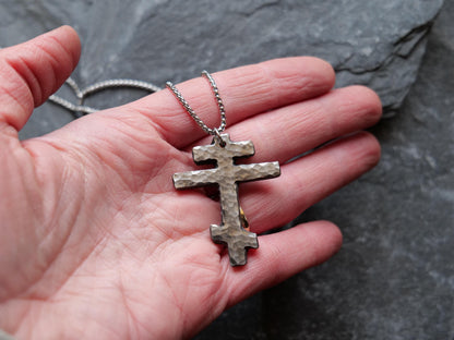 Large Tri Bar Stainless Steel Cross Necklace * Hammered Orthodox Cross Pendant * Christian Gift for Men or Women * Forged Three Bar Cross