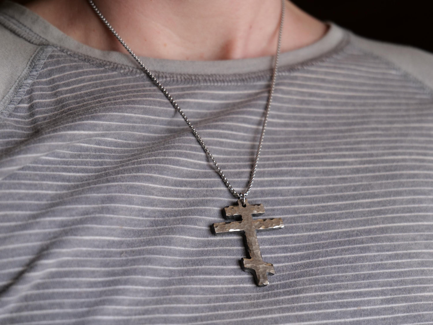 Large Tri Bar Stainless Steel Cross Necklace * Hammered Orthodox Cross Pendant * Christian Gift for Men or Women * Forged Three Bar Cross