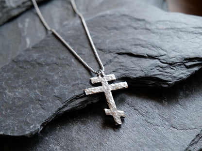 Large Tri Bar Stainless Steel Cross Necklace * Hammered Orthodox Cross Pendant * Christian Gift for Men or Women * Forged Three Bar Cross