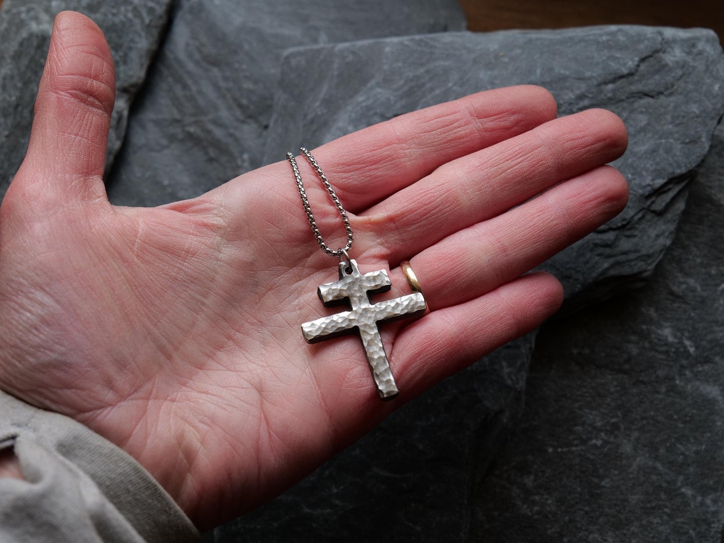 Hand Forged Stainless Steel Patriarchal Cross Necklace * Cross of Lorraine Necklace * Gift for Men or Women * Double Cross Necklace * Slovak