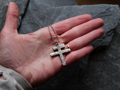 Hand Forged Stainless Steel Patriarchal Cross Necklace * Cross of Lorraine Necklace * Gift for Men or Women * Double Cross Necklace * Slovak