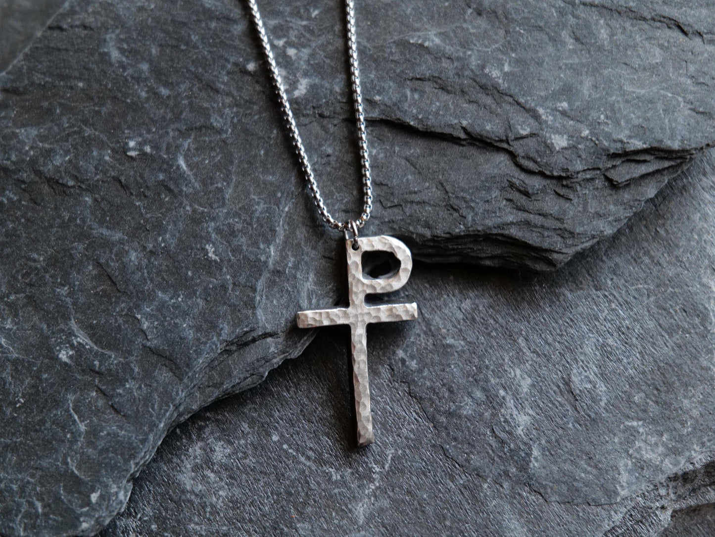 Forged Stainless Steel Monogrammatic Cross * Tau-Rho Cross Pendant * Gift for Men or Women * Forged Cross Necklace * Handmade Steel Necklace