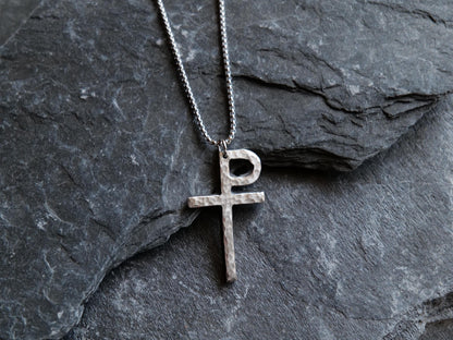 Forged Stainless Steel Monogrammatic Cross * Tau-Rho Cross Pendant * Gift for Men or Women * Forged Cross Necklace * Handmade Steel Necklace