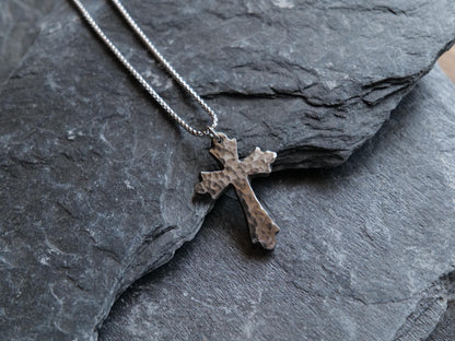 Hand Forged Fancy Cross * Stainless Steel Cross Pendant * Christian Gift for Men or Women * Cross Necklace * Hammered Steel Necklace
