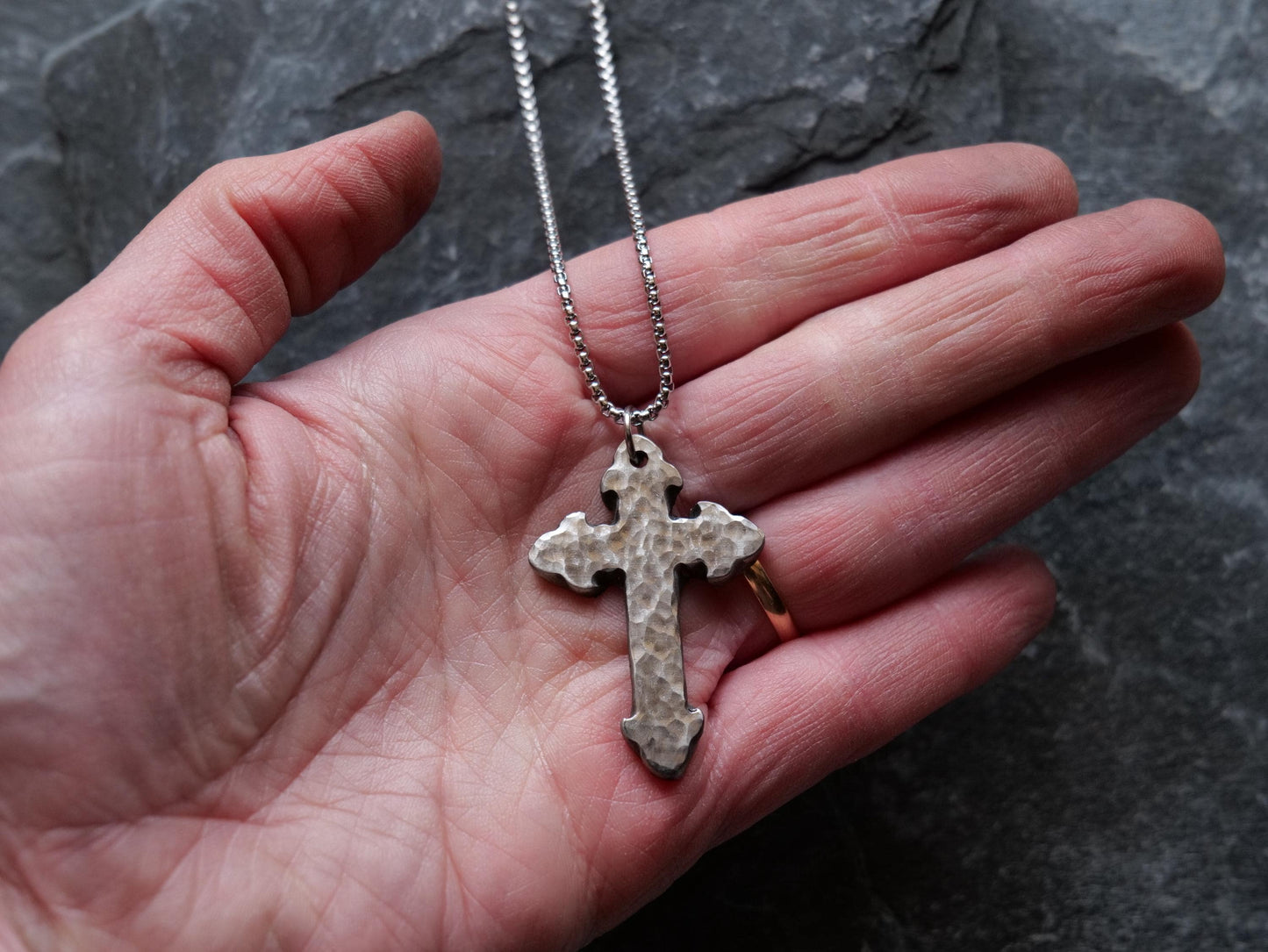 Forged Fleur De Lis Cross Necklace * Hand Forged Stainless Steel Cross * Hammered Cross Pendant * Christian Gift for Men or Women Jewelry
