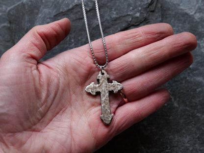 Forged Fleur De Lis Cross Necklace * Hand Forged Stainless Steel Cross * Hammered Cross Pendant * Christian Gift for Men or Women Jewelry