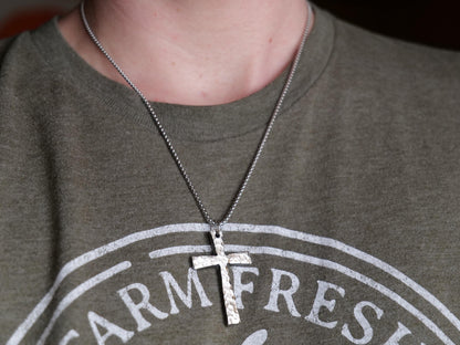 Hand Forged Large Stainless Steel Cross * Hammered Cross Pendant * Christian Gift for Men Women * Cross Necklace * Handmade Tapered Necklace