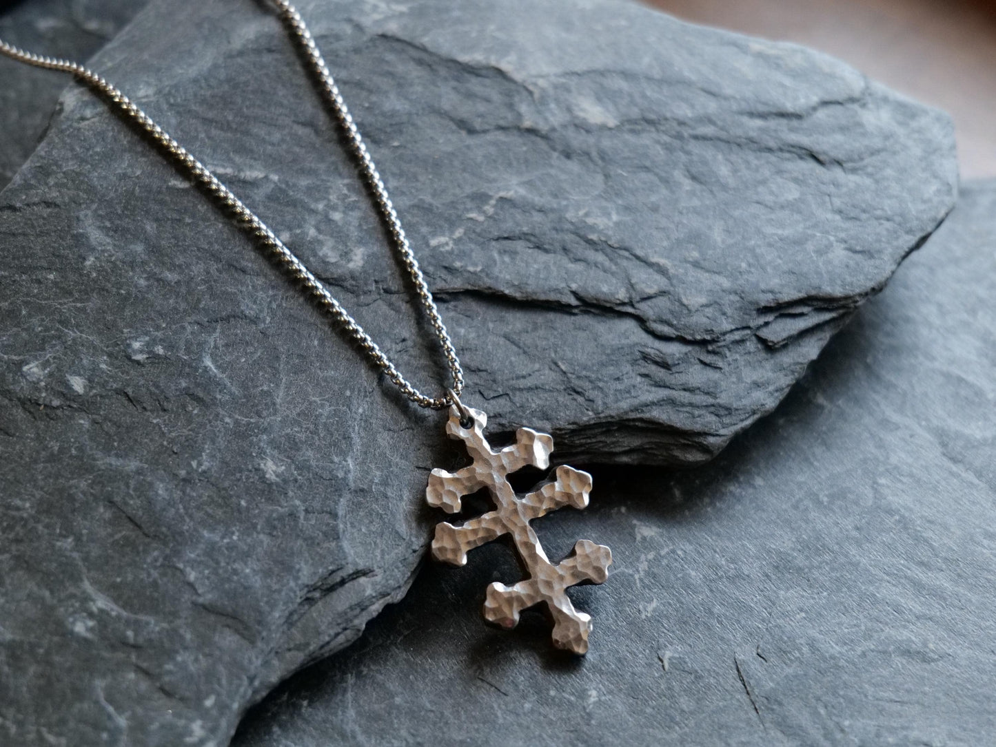 Forged Tri Bar Stainless Steel Cross Necklace * Hammered Orthodox Byzantine Catholic Cross Pendant * Gift for Men or Women * Three Bar Cross