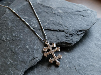 Forged Tri Bar Stainless Steel Cross Necklace * Hammered Orthodox Byzantine Catholic Cross Pendant * Gift for Men or Women * Three Bar Cross