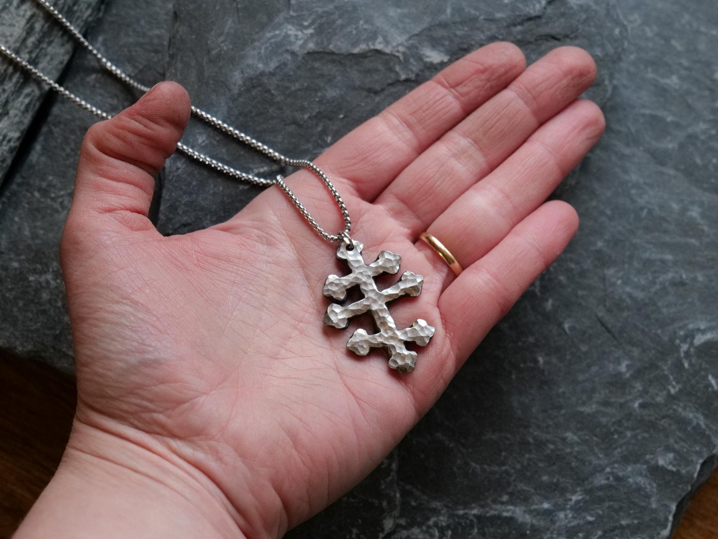 Forged Tri Bar Stainless Steel Cross Necklace * Hammered Orthodox Byzantine Catholic Cross Pendant * Gift for Men or Women * Three Bar Cross