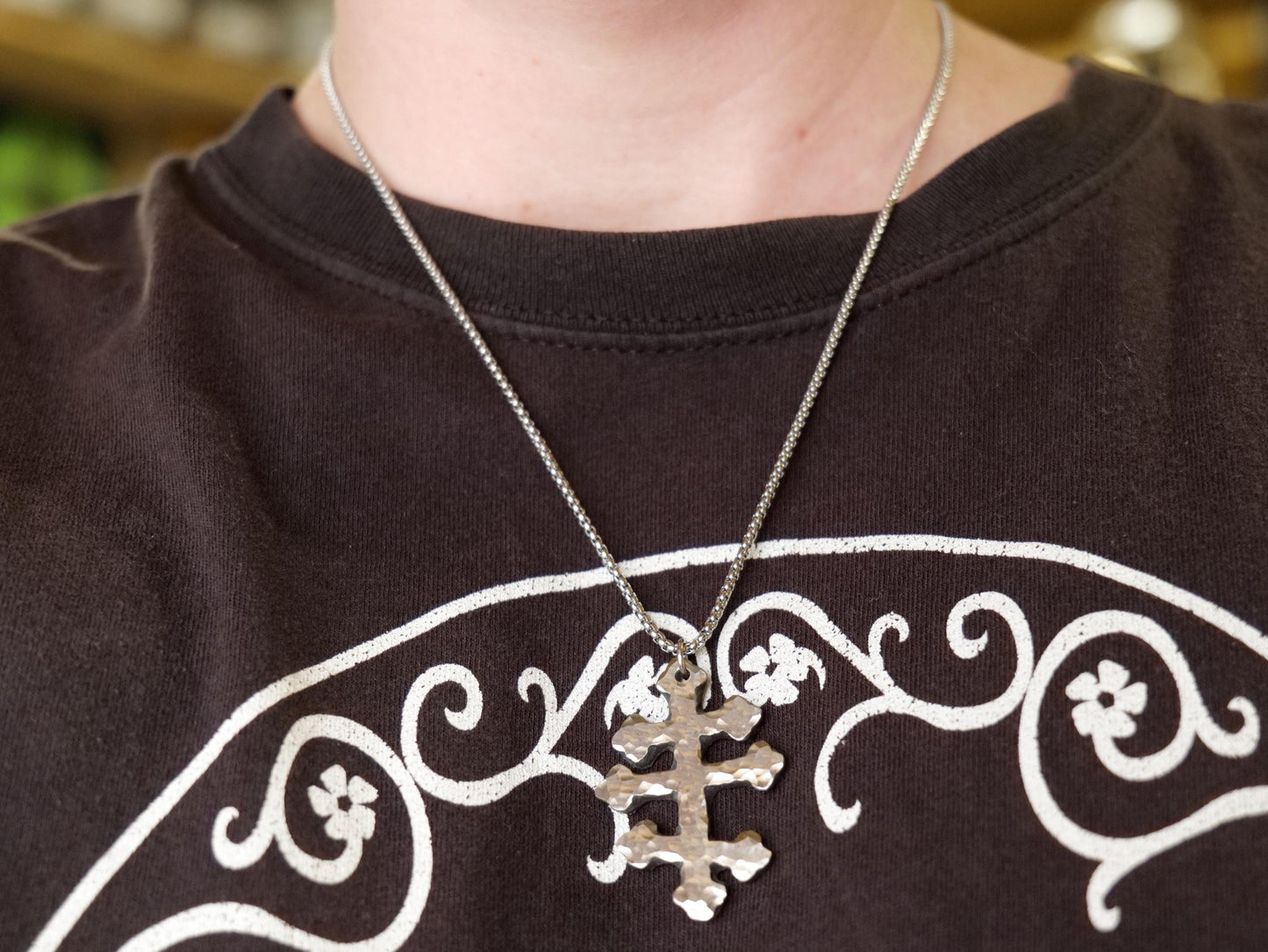 Forged Tri Bar Stainless Steel Cross Necklace * Hammered Orthodox Byzantine Catholic Cross Pendant * Gift for Men or Women * Three Bar Cross