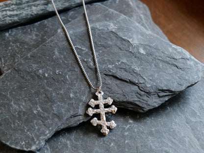 Forged Tri Bar Stainless Steel Cross Necklace * Hammered Orthodox Byzantine Catholic Cross Pendant * Gift for Men or Women * Three Bar Cross