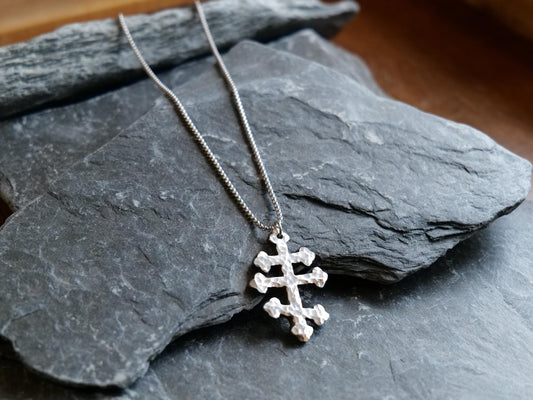 Forged Tri Bar Stainless Steel Cross Necklace * Hammered Orthodox Byzantine Catholic Cross Pendant * Gift for Men or Women * Three Bar Cross
