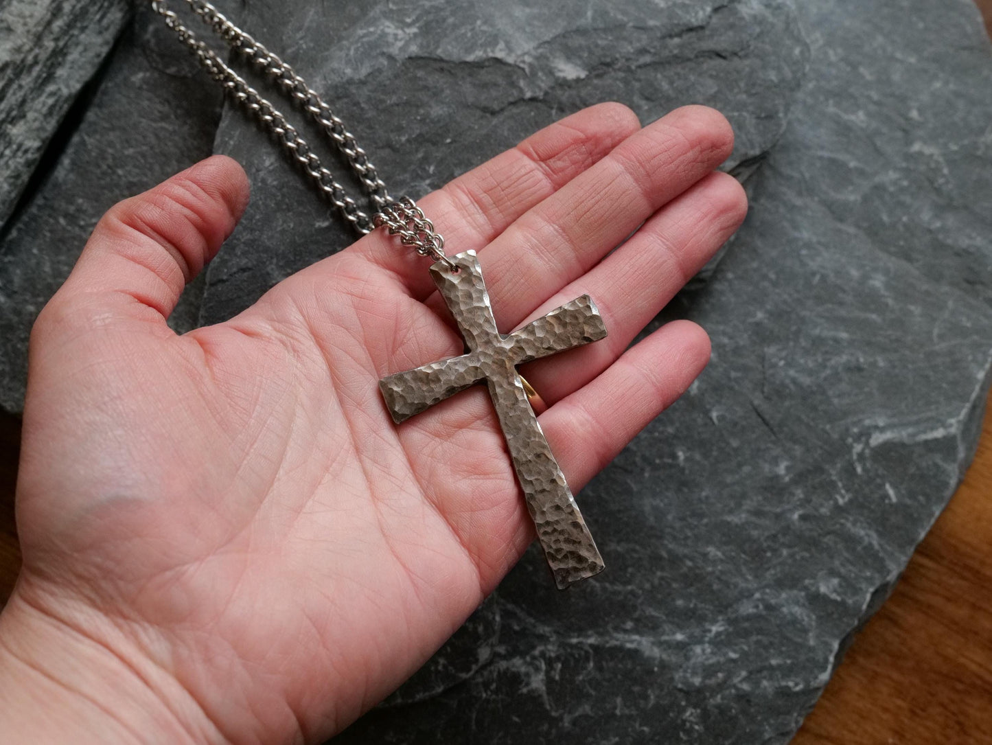 Hand Forged 3" Stainless Steel Cross Pendant * Large Cross Necklace * Christian Gift for Men Women * Cross Necklace * Handmade Tapered Cross