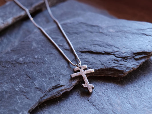 Forged Small Tri Bar Stainless Steel Cross Necklace * Hammered Orthodox Cross Pendant * Christian Gift for Men or Women * Three Bar Cross