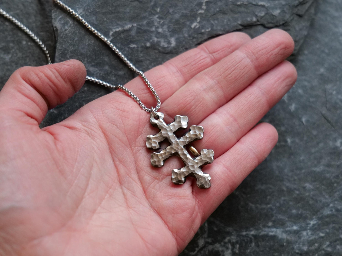 Forged Tri Bar Stainless Steel Cross Necklace * Hammered Orthodox Byzantine Catholic Cross Pendant * Gift for Men or Women * Three Bar Cross