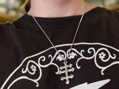 Forged Tri Bar Stainless Steel Cross Necklace * Hammered Orthodox Byzantine Catholic Cross Pendant * Gift for Men or Women * Three Bar Cross