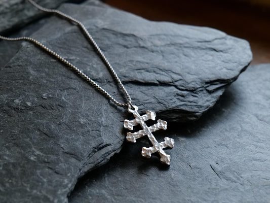 Forged Tri Bar Stainless Steel Cross Necklace * Hammered Orthodox Byzantine Catholic Cross Pendant * Gift for Men or Women * Three Bar Cross