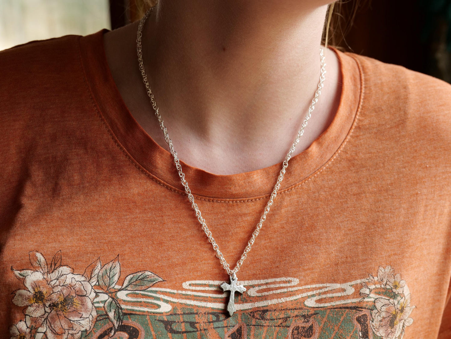 Hand Forged Tiny Fancy Cross * Hammered Cross Pendant * Christian Gift for Men or Women * Forged Cross Necklace * Handmade Steel Necklace