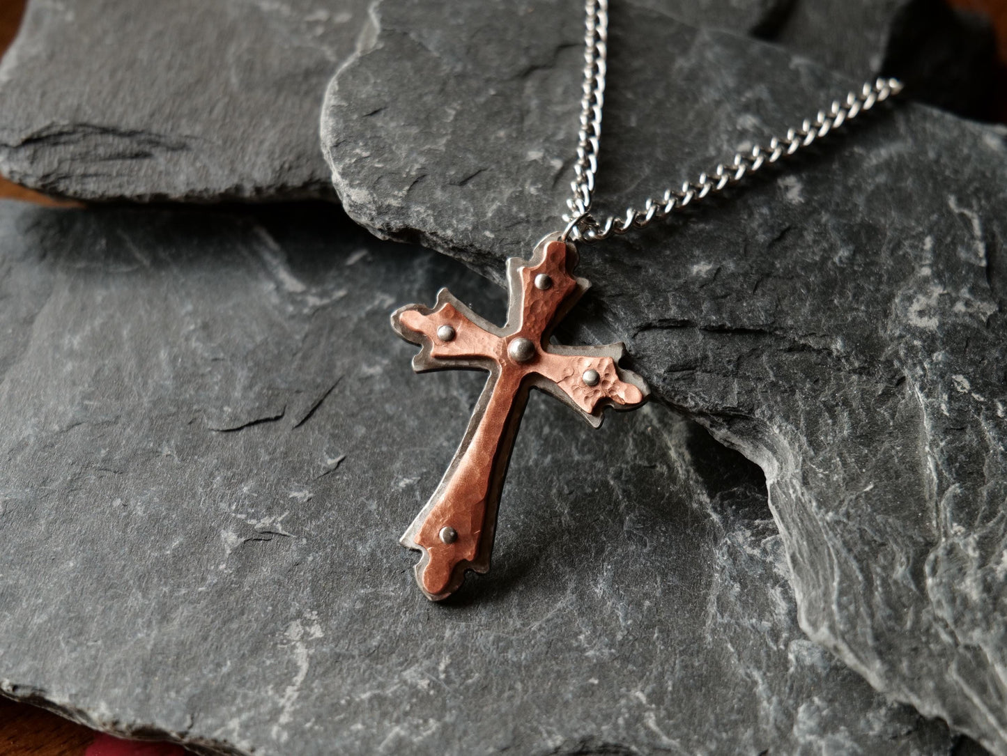 Hand Forged Steel & Copper Fancy Cross * Pectoral Cross Necklace * Hammered Cross Pendant * Christian Gift for Men Women * Riveted Necklace